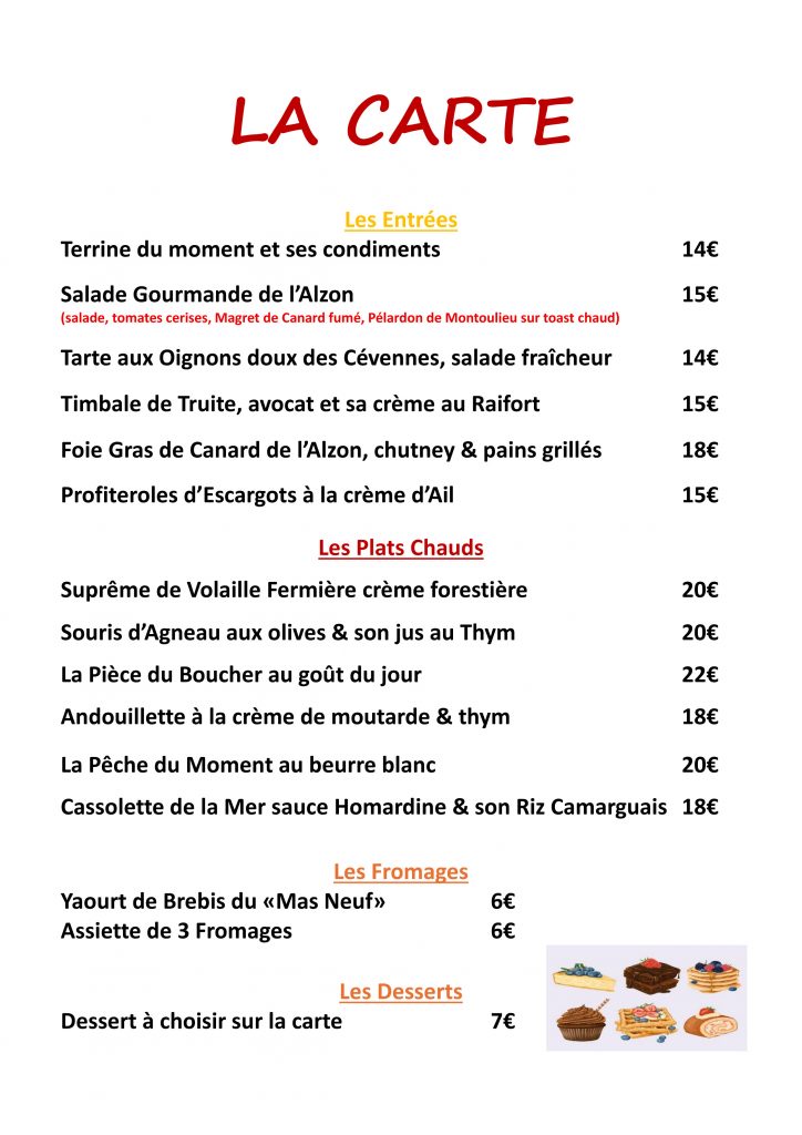 A la carte de l'ALZON Septembre