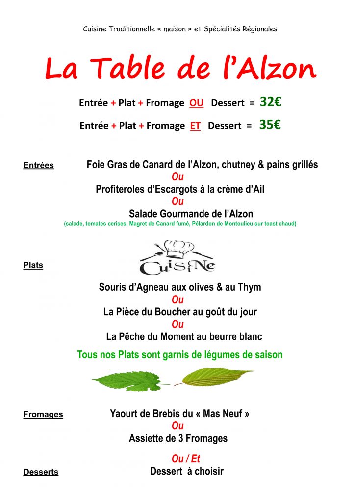 Menu Table de l'ALZON